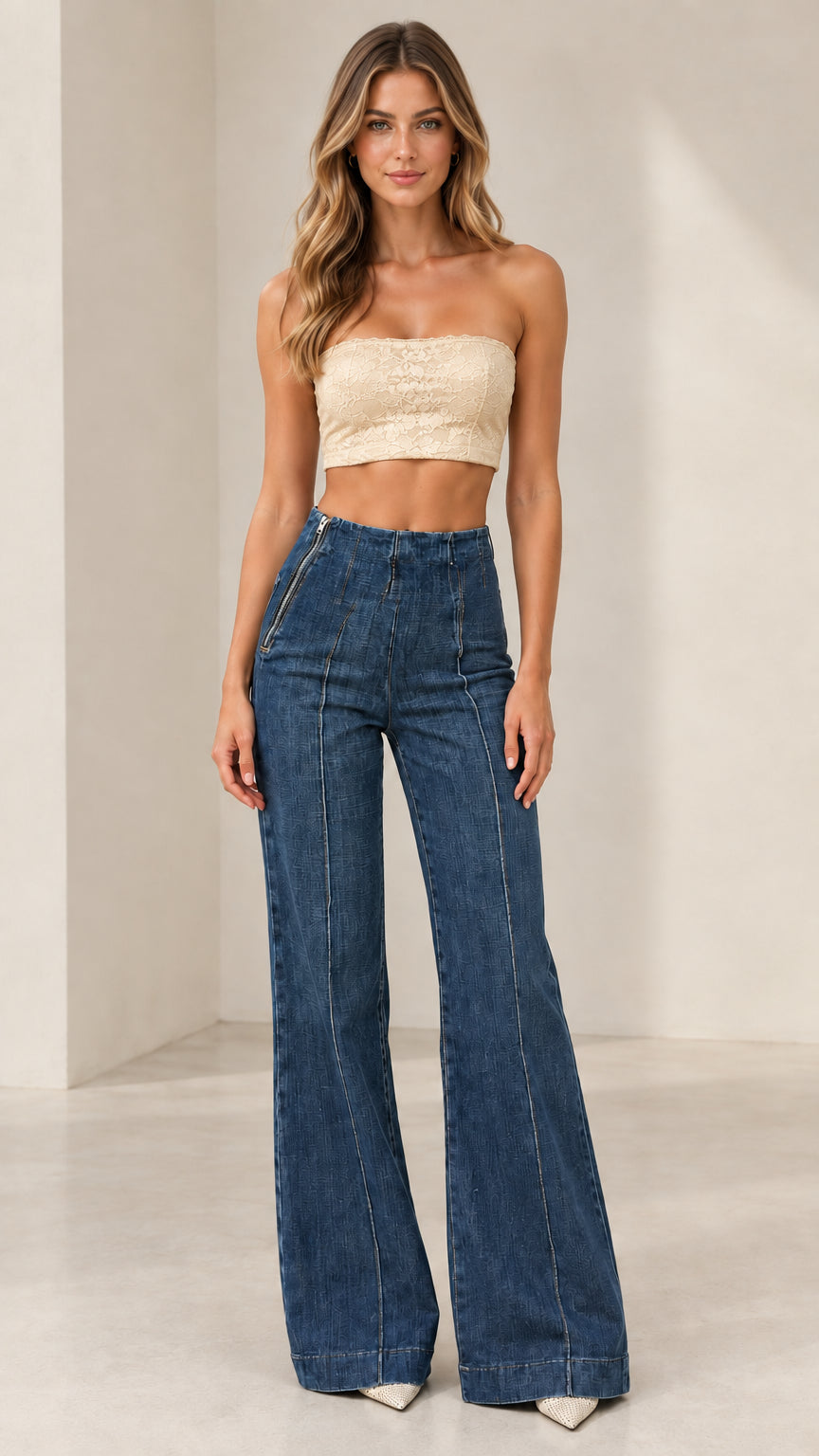 Full-length shot of model in Classic Blue high-rise flare jeans