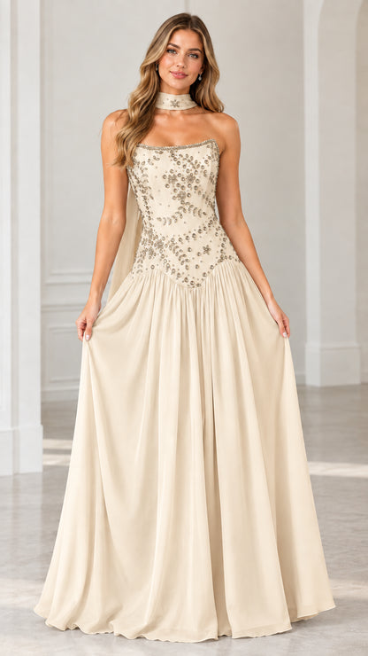 Champagne cream strapless beaded evening dress with neck scarf