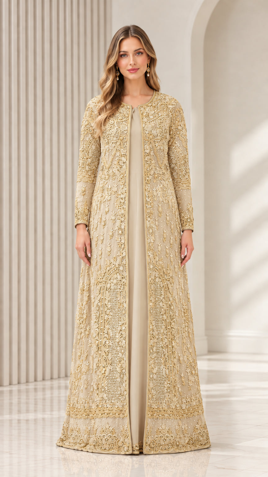 Front view of Champagne Gold monochromatic embroidered evening maxi dress