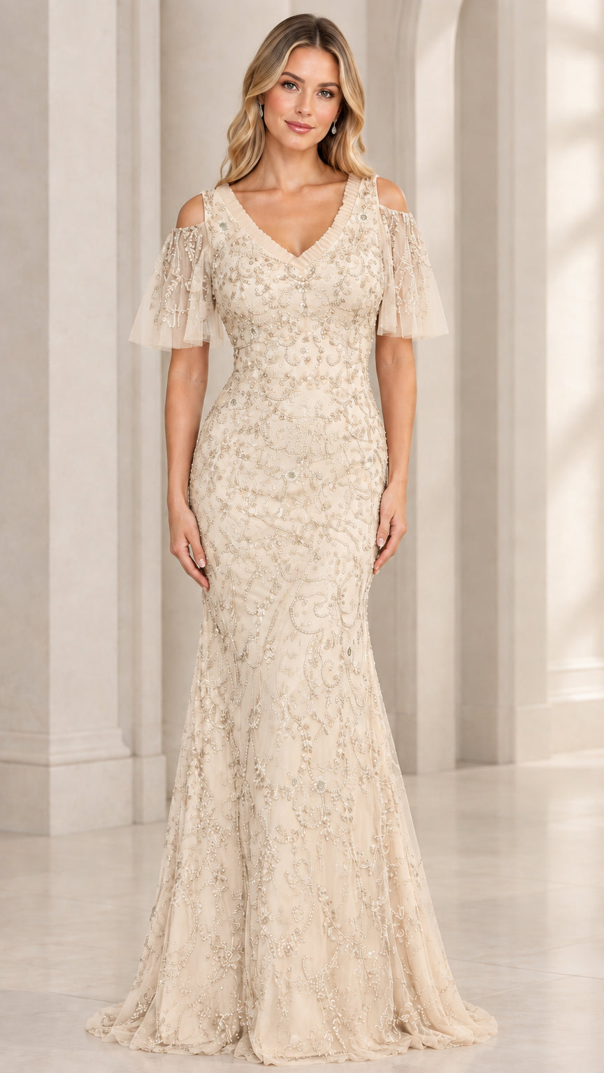 Champagne cream beaded cold-shoulder evening dress