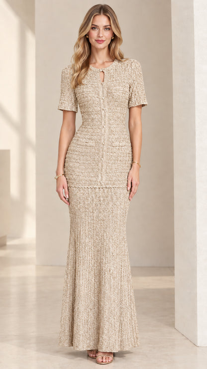 Champagne Beige Shimmer Textured Formal Maxi Dress