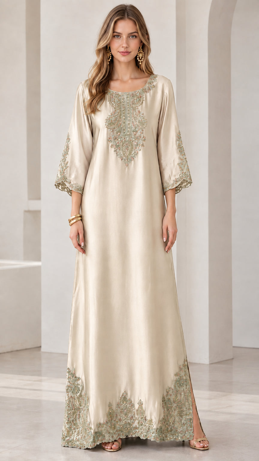 Champagne cream satin embroidered kaftan maxi dress on model
