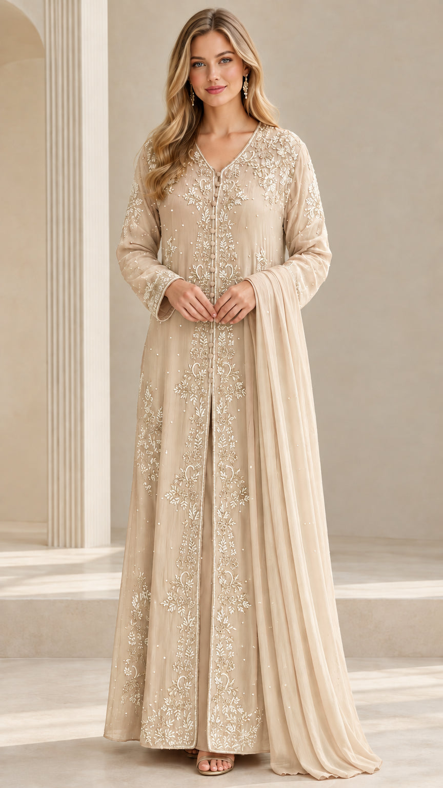 Full front view of champagne gold embroidered long sleeve evening gown