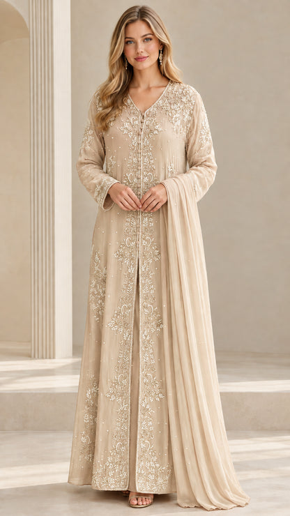 Full front view of champagne gold embroidered long sleeve evening gown