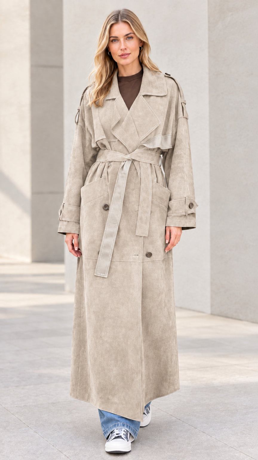 Front view of model wearing taupe beige maxi suede-finish trench coat