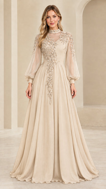 Full front view of champagne beige long sleeve sequin illusion formal gown