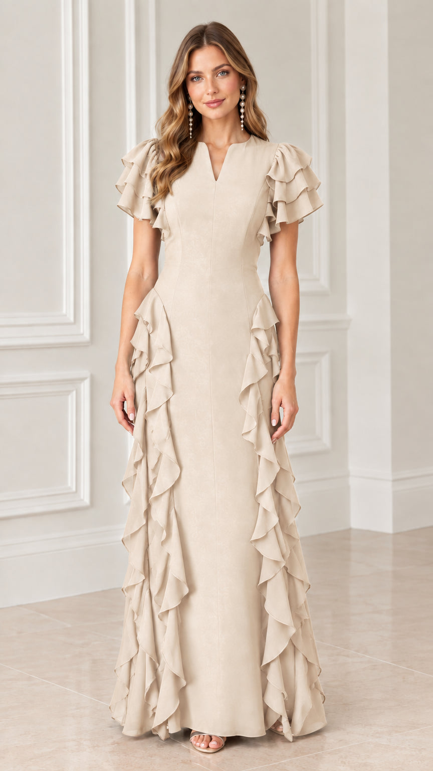 Front view of model wearing champagne beige split V-neck ruffle formal maxi dress