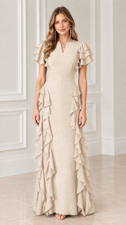 Front view of model wearing champagne beige split V-neck ruffle formal maxi dress