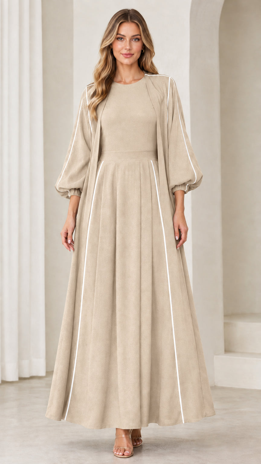 Full-length front view of Beige neutral tone lantern sleeve modest maxi dress