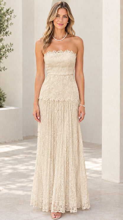 Model wearing champagne cream strapless floral lace evening maxi dress