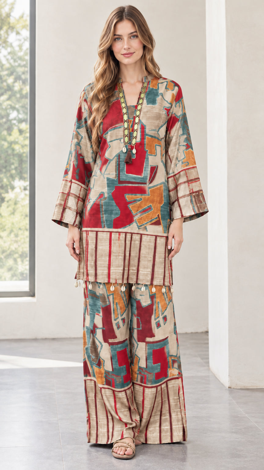 Front view of beige cream patterned longline tunic and wide-leg pant set