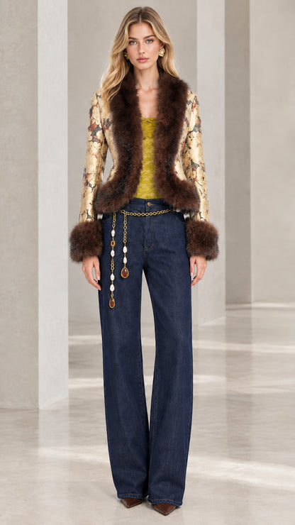 Full front view of gold metallic jacquard blazer with plush faux fur trim