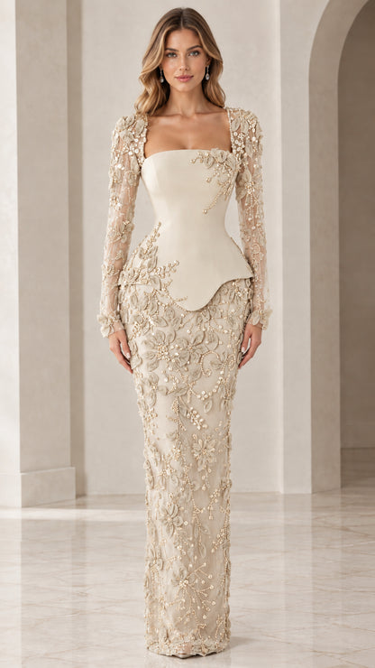 Champagne gold elegant square neck evening gown with embellished floral lace and peplum waist