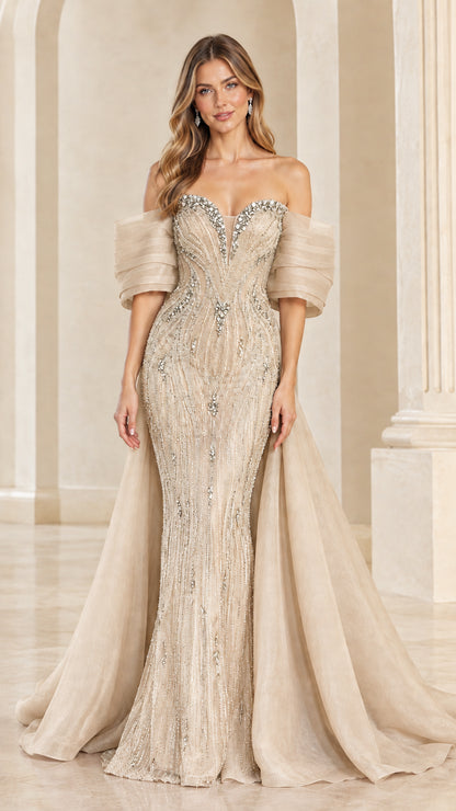 Champagne gold beaded off-the-shoulder evening dress with sweeping overskirt