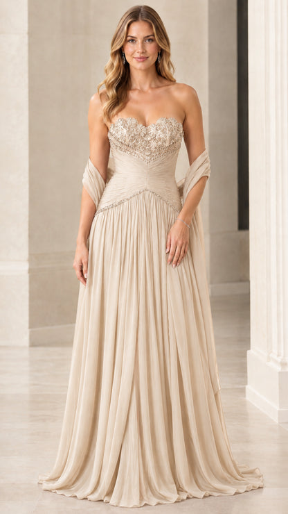 Champagne beige strapless embellished chiffon formal gown with matching shawl