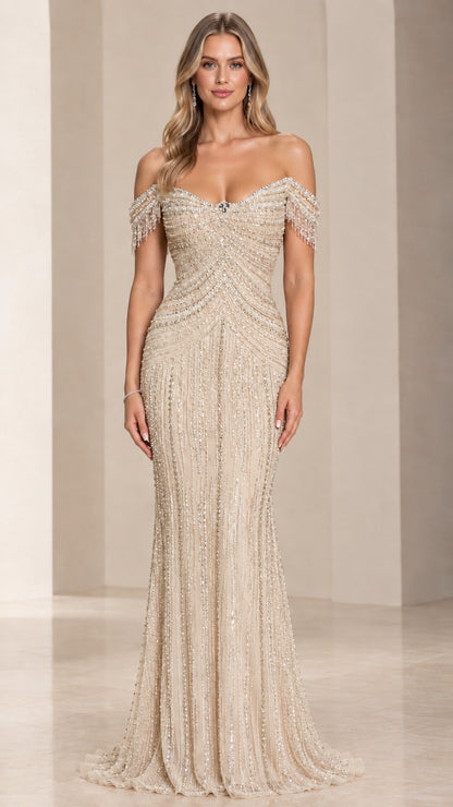Champagne gold off-the-shoulder sequin beaded mermaid gala dress