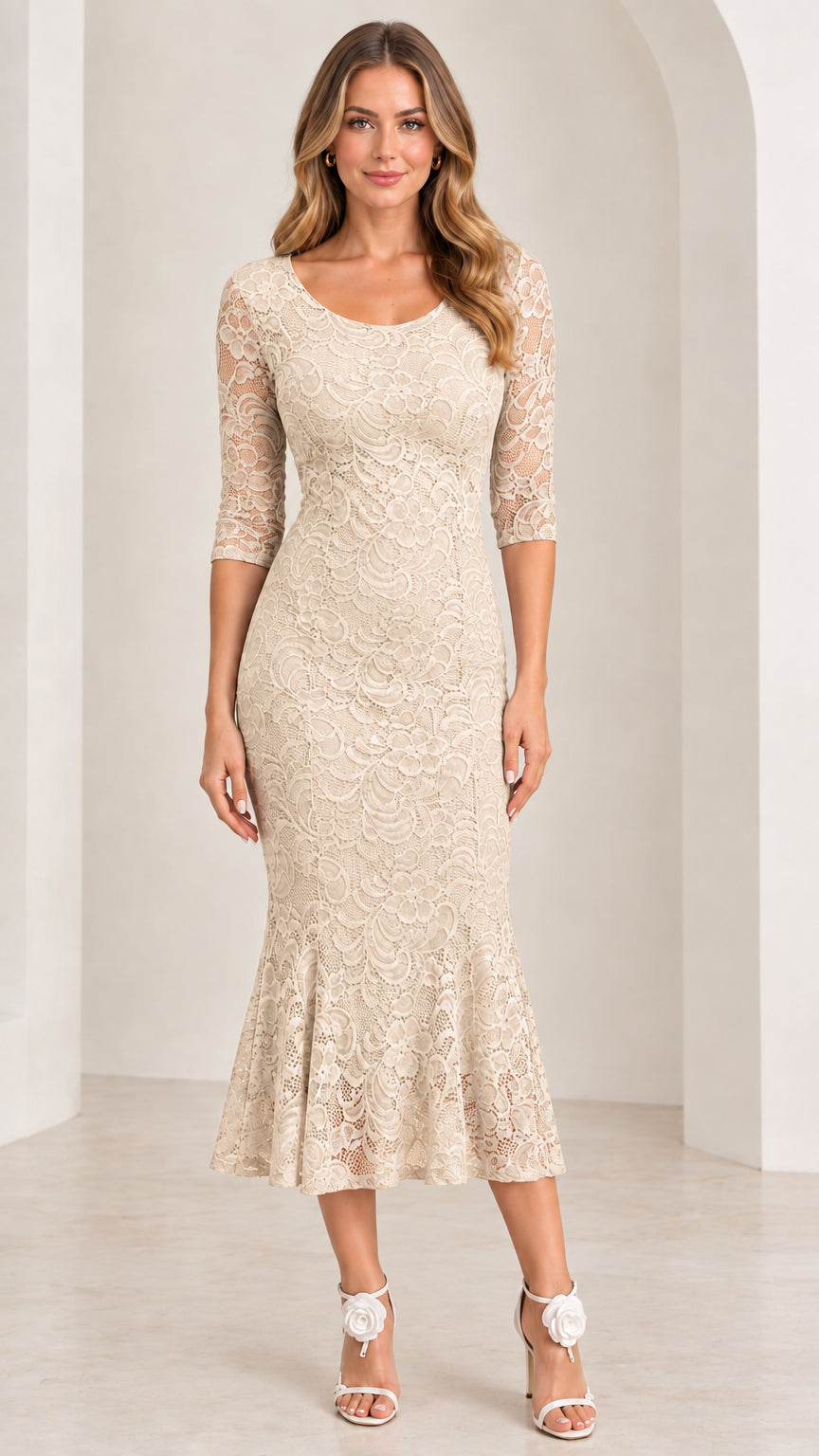 Champagne beige floral lace 3/4 sleeve formal midi dress