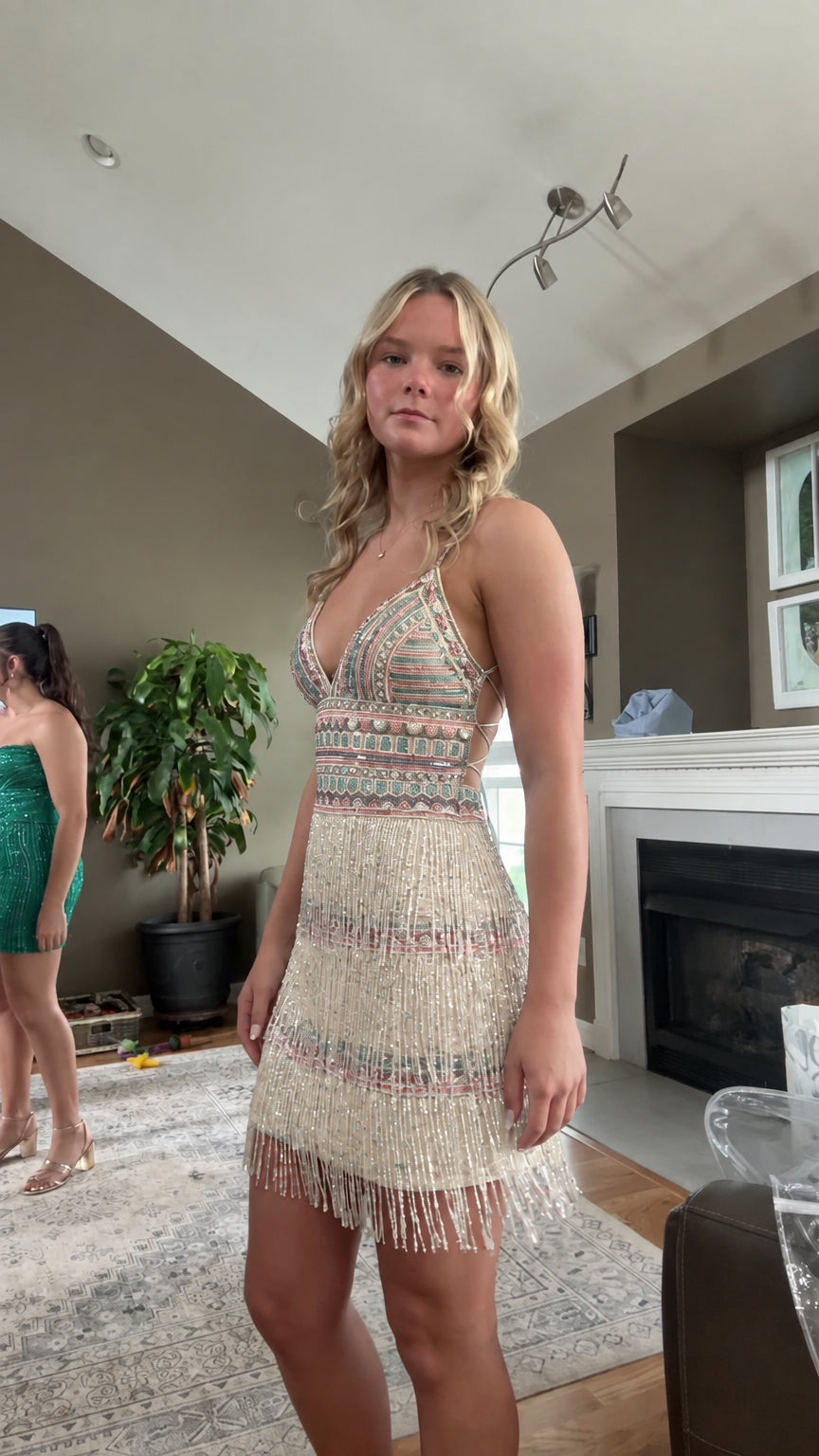 Front view of champagne gold beaded sequin fringe mini dress
