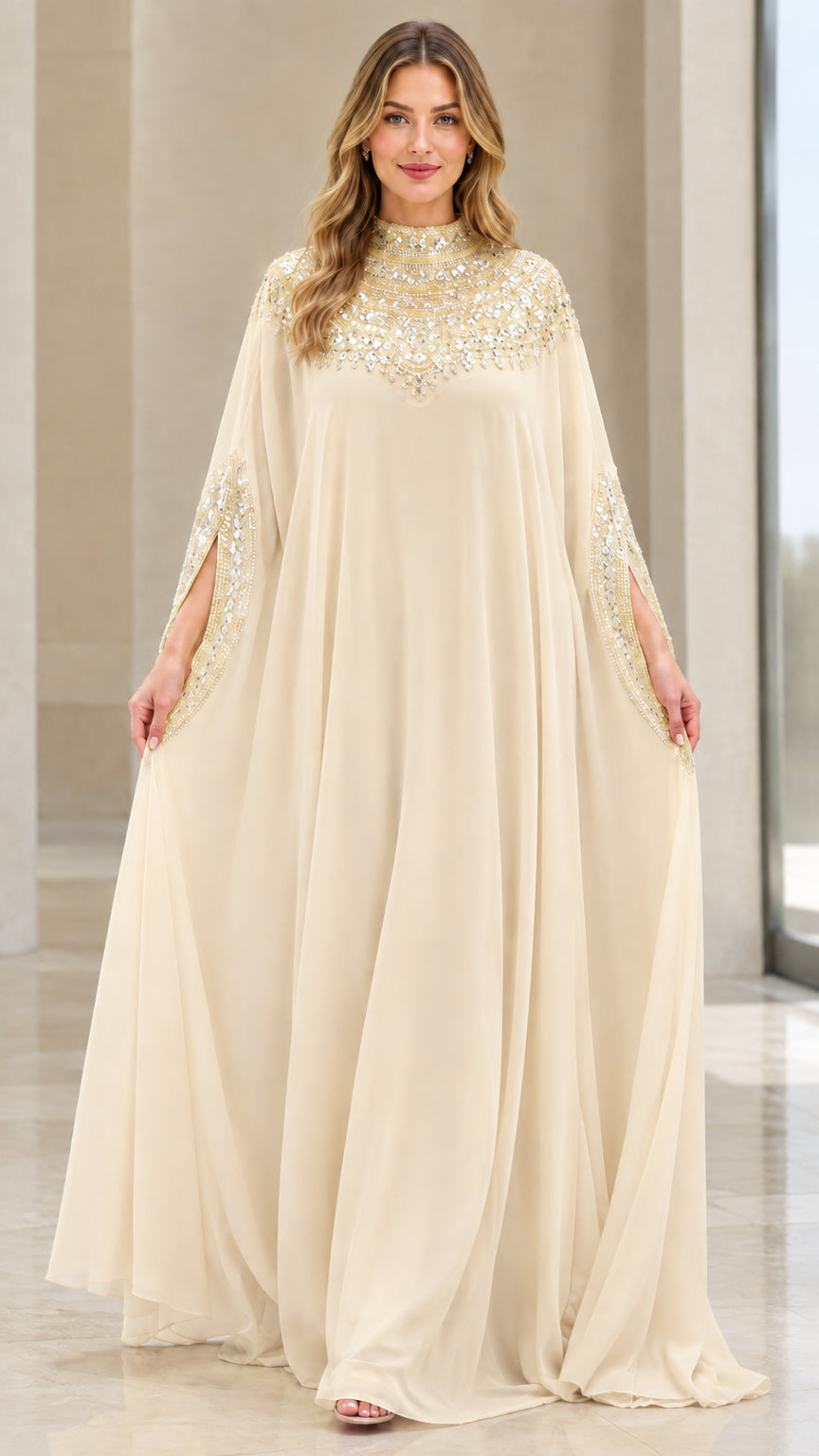 Model wearing champagne cream beaded cape kaftan evening gown