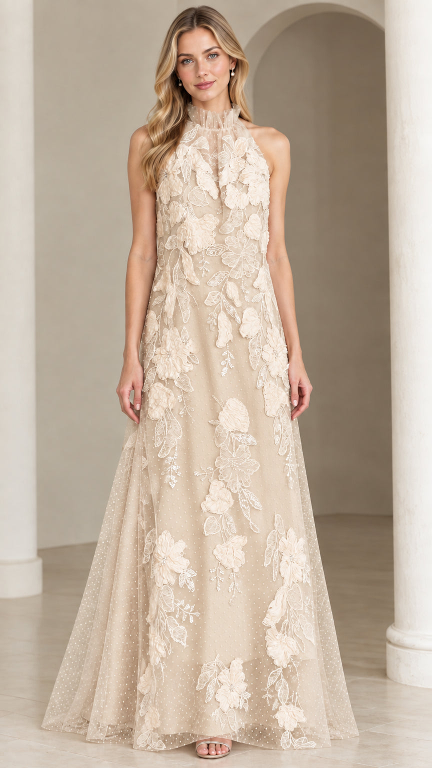 Front view of champagne beige halter maxi dress with floral lace embellishments