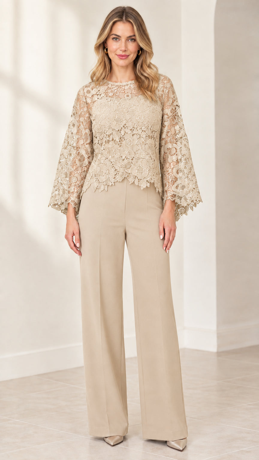 Front view of champagne lace overlay wide-leg jumpsuit