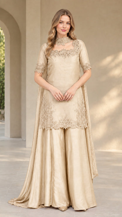 Front view of champagne gold embroidered tunic and palazzo trousers set