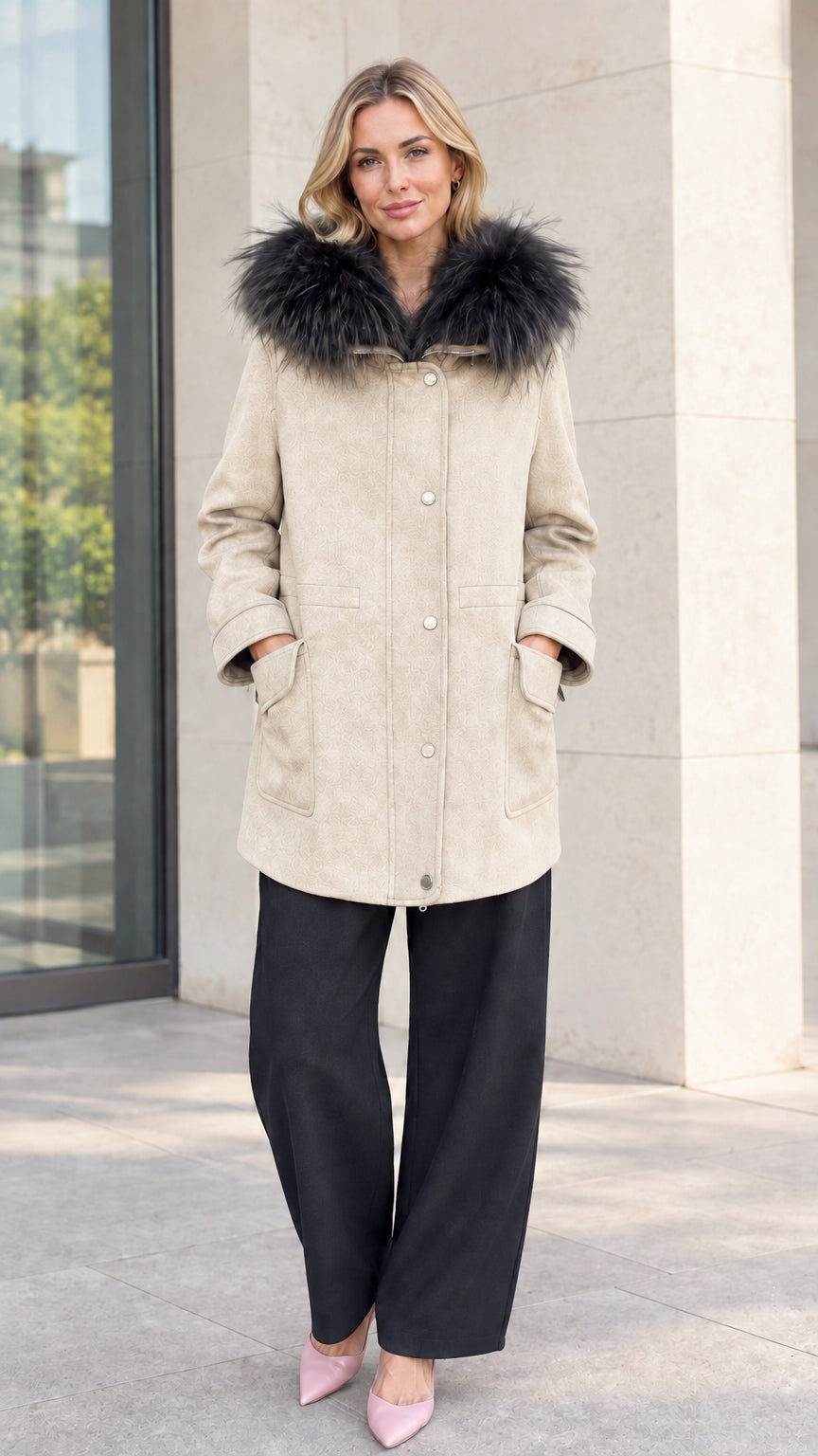 Front view of model wearing beige cream faux fur hooded mid-length parka coat