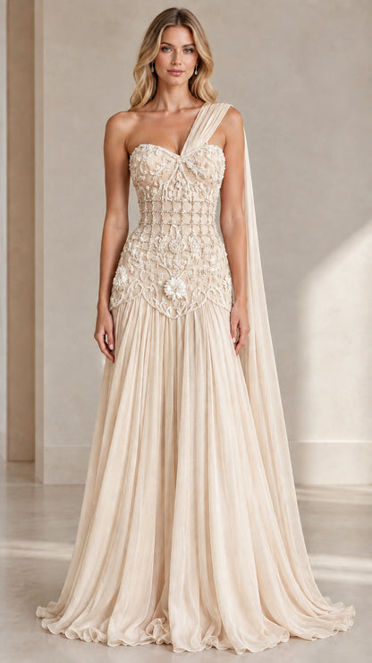 Model wearing Champagne one-shoulder formal evening dress