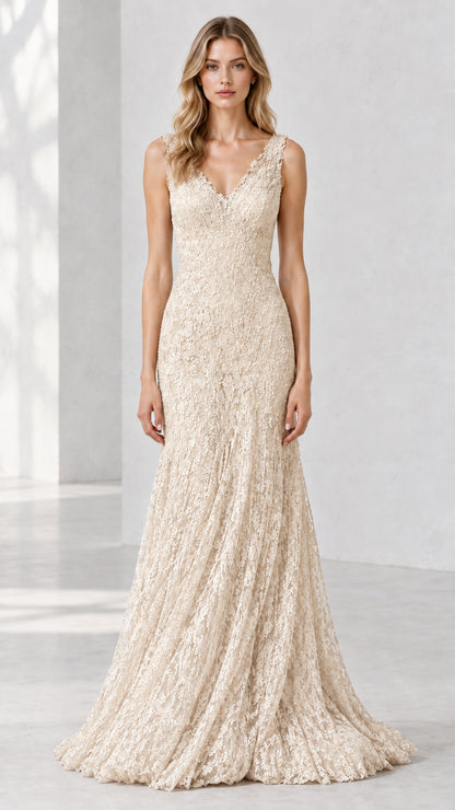 Full-length front view of champagne cream textured lace formal dress