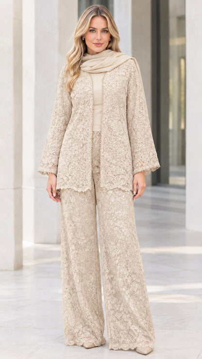 Full-body view of champagne beige sequined floral lace pant suit set with scarf