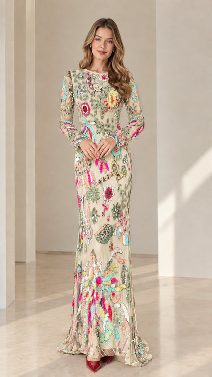 Champagne beige floral embroidered sequin formal gown