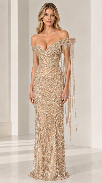 Champagne gold sequin and beaded floor-length formal evening dress