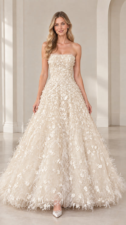 Model wearing strapless champagne floral applique ball gown