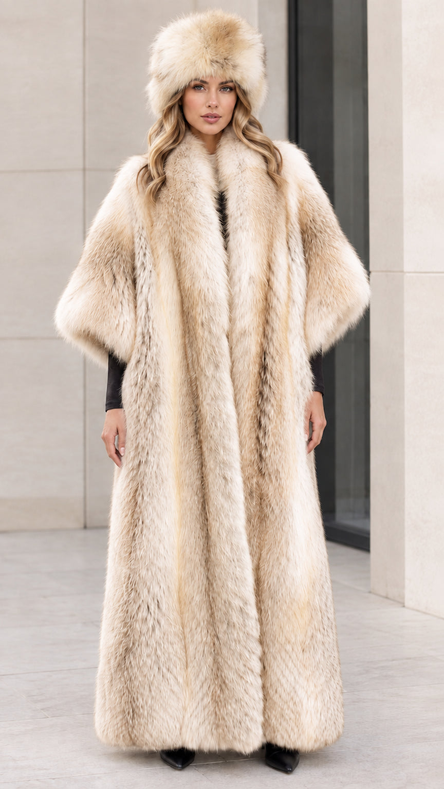 Model wearing warm cream beige floor-length plush faux fur maxi coat