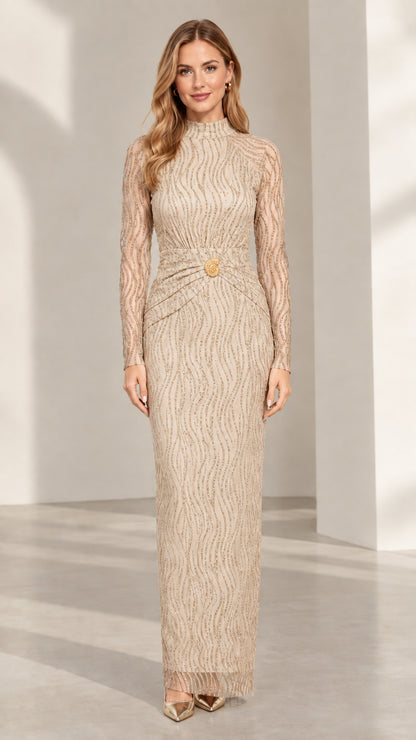 Champagne beige mock neck textured evening maxi dress front view