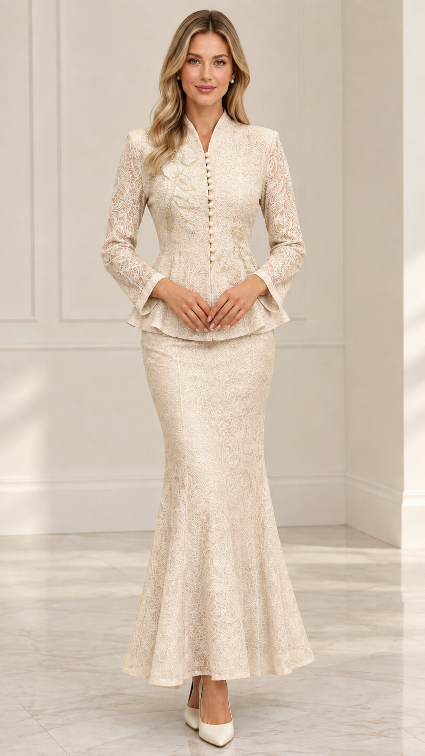 Front view of model wearing Champagne cream lace peplum jacket and mermaid maxi skirt suit