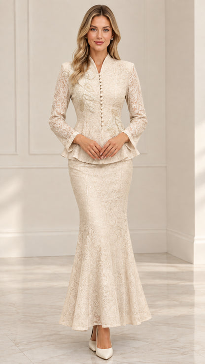 Front view of model wearing Champagne cream lace peplum jacket and mermaid maxi skirt suit