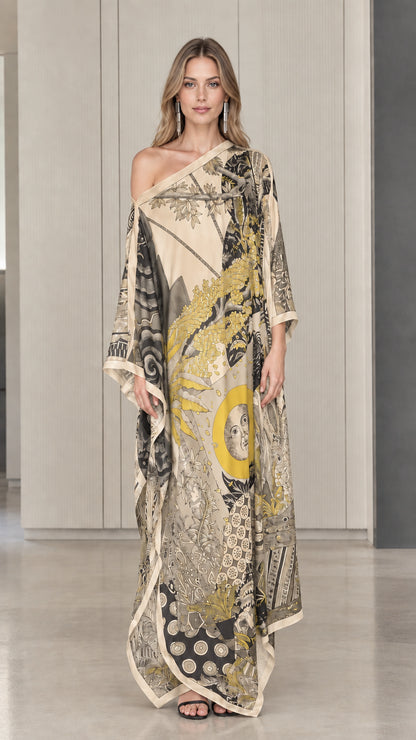 Champagne beige one-shoulder printed kaftan maxi dress