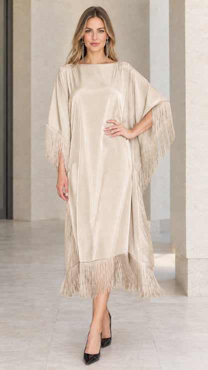 Front view of champagne beige satin fringe kaftan dress