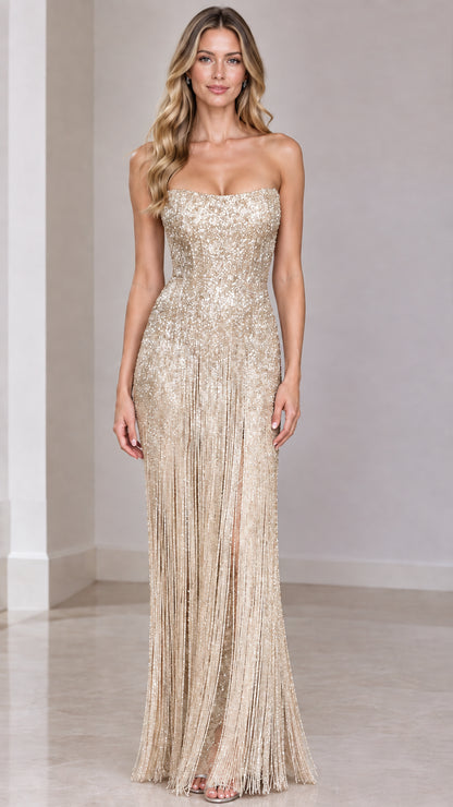 Champagne Gold strapless beaded fringe maxi dress