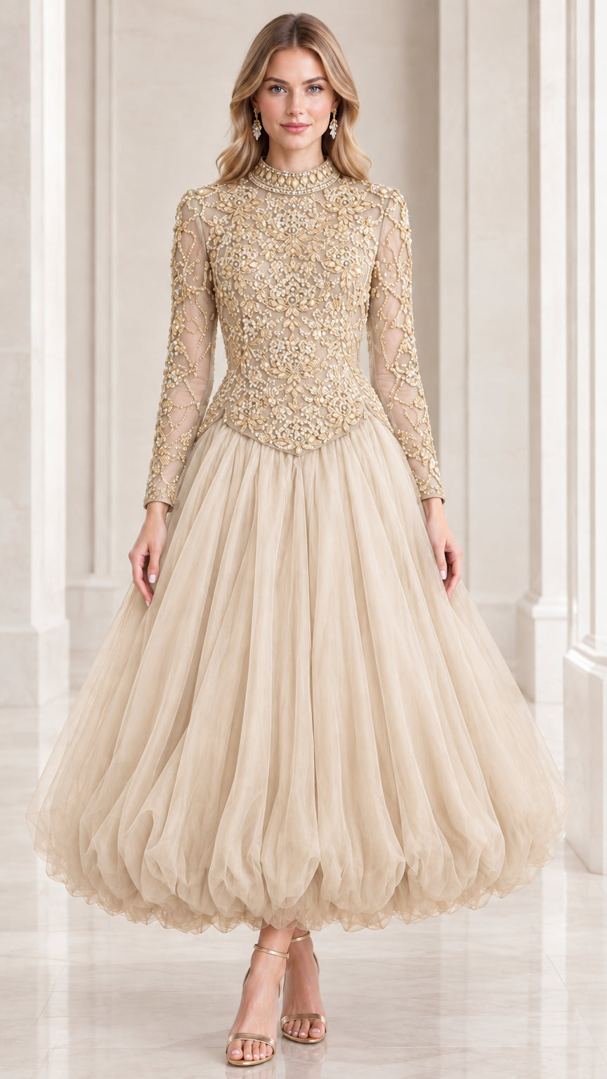 Champagne gold embellished high neck long sleeve tulle ball gown