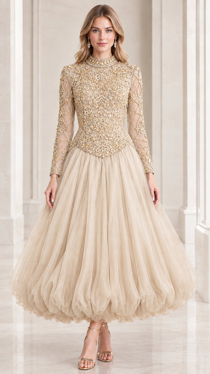Champagne gold embellished high neck long sleeve tulle ball gown