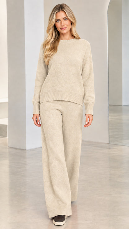 Model wearing oatmeal beige 2-piece knit sweater and wide-leg pants set