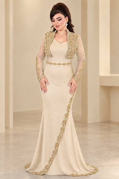Champagne beige floor-length evening gown set with metallic gold embroidery