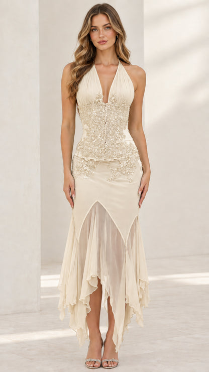 Champagne cream halter neck beaded corset midi dress