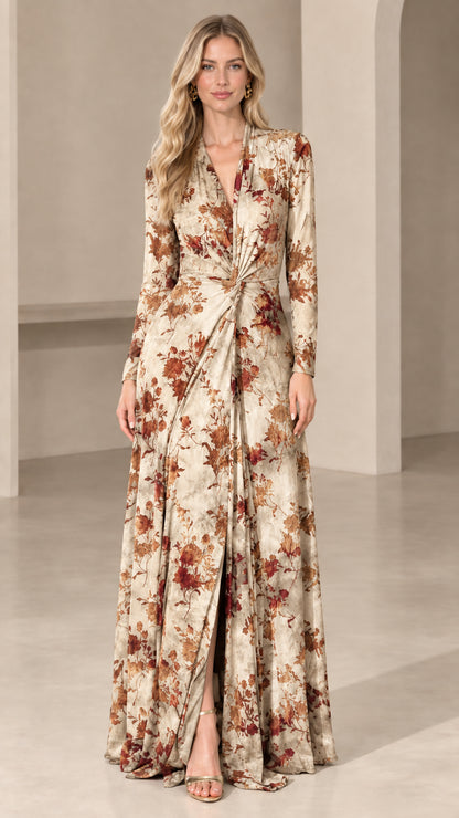 Front view of woman wearing cream floral long sleeve twist-front maxi dress