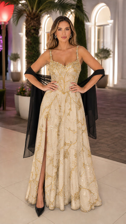 Champagne gold embroidered sequin floor-length formal dress