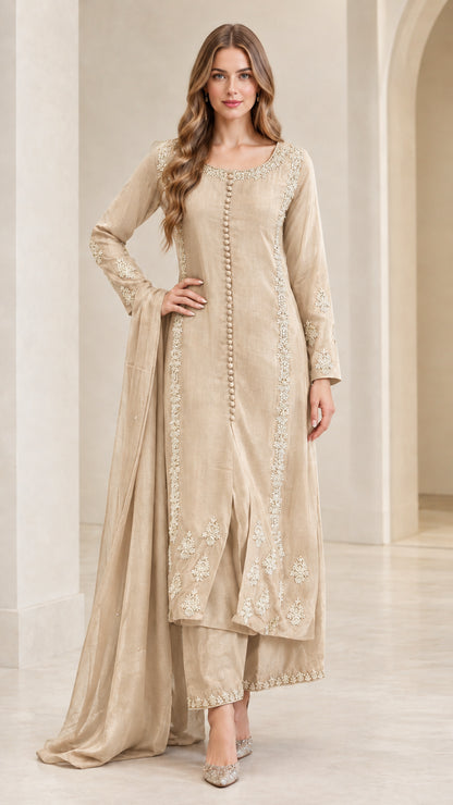 Full front view of women's champagne beige embroidered kurta pant set with dupatta