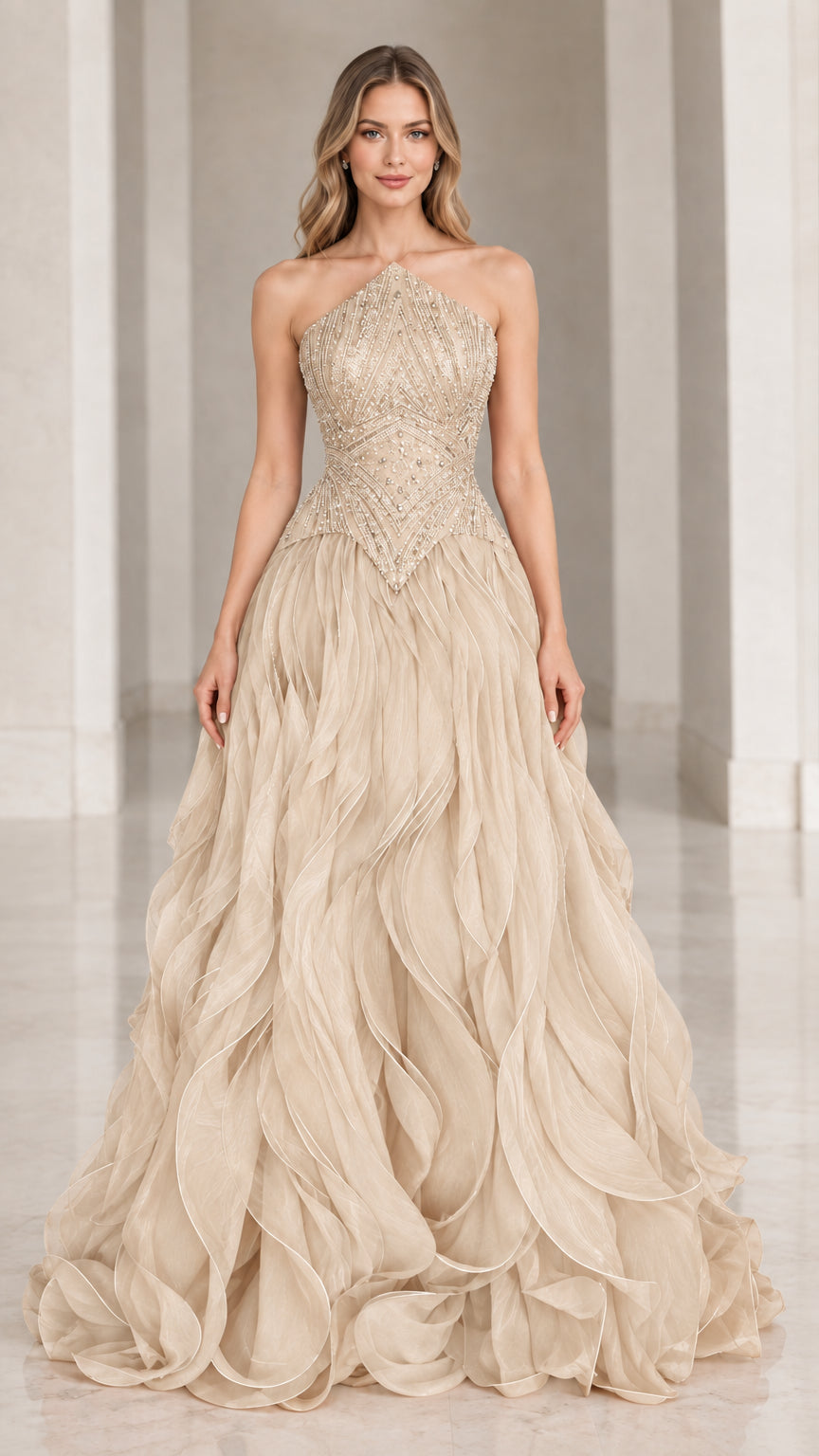 Front view of Champagne Beaded Halter Ruffle Formal Evening Gown
