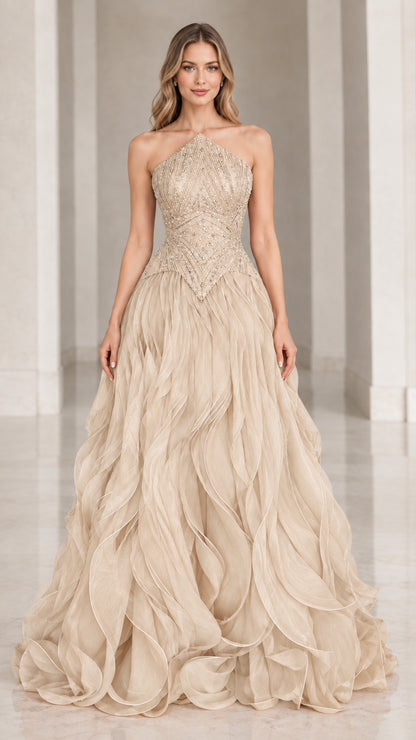 Front view of Champagne Beaded Halter Ruffle Formal Evening Gown
